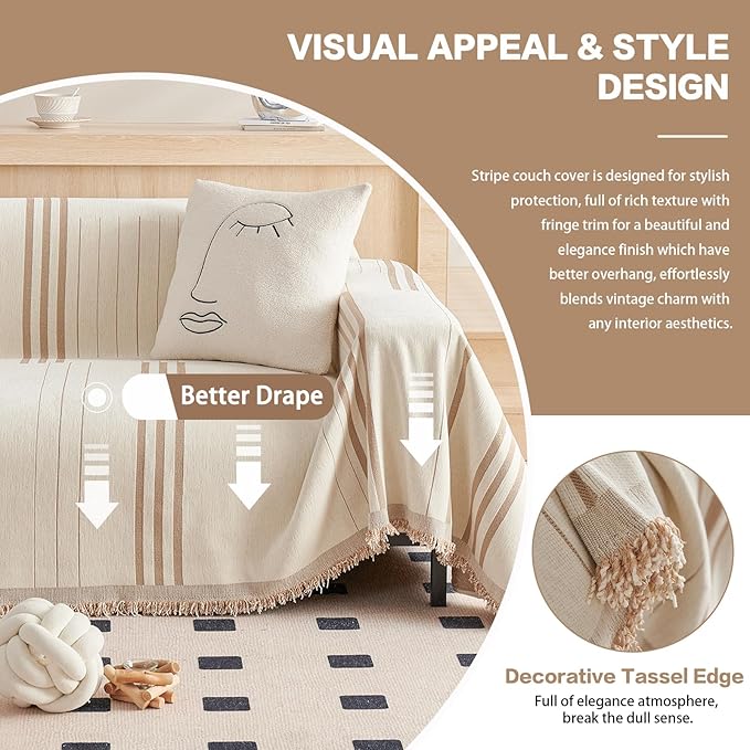 DREAMINGO Couch Cover for Sofa, Chenille Couch Cover Blanket, Washable Sofa Covers for 2 Cushion Couch, Stripes Jacquard Loveseat Covers Soft Furniture Protector Slipcover, 71"x118", Beige Coffee