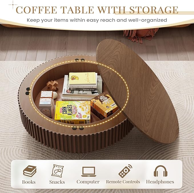 39.37'' Round Coffee Table with Storage, Modern Fluted Circle Coffee Table Unique Drum Low Center Tea Table with Solid Wood Veneered for Living Room Small Space, Mesas De Centro para Sala, Walnut