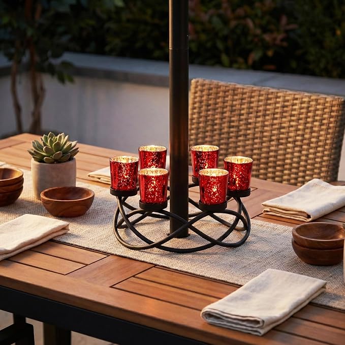 Seraphic Candle Holders for Table Centerpiece Decor, Indoor/Outdoor, Red | Gothic, Halloween & Christmas Decor, Patio Umbrella Centerpiece, Round Wrought Iron 6 Votive Holders, 10.5in Round