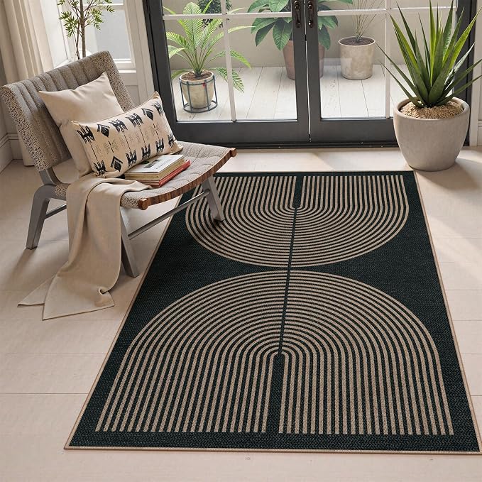 Lahome Enfys Modern Rainbow Easy Jute Outdoor Patio Rug, 3x5 Black Washable Rugs for Entryway Office Farmhouse Classroom Carpet, Contemporary Non Slip Front Door Mat for Porch Guestroom Room Decor