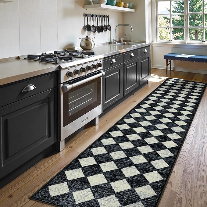 Lahome Zelie Checkered Washable 2x12 Runners for Hallways Non Slip, Black Kitchen Bathroom Runner Rugs, Modern Trellis Ultra-Thin Indoor Carpet Runner for Bedroom Dorm Classroom Decor (2'x12',Black)
