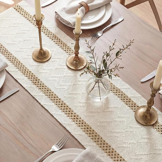 Artoid Mode Burlap Brown Stripe Woven Table Runner, Seasonal Holiday Hollow Kitchen Dining Table Decoration for Home Party Decor 12x36 Inch