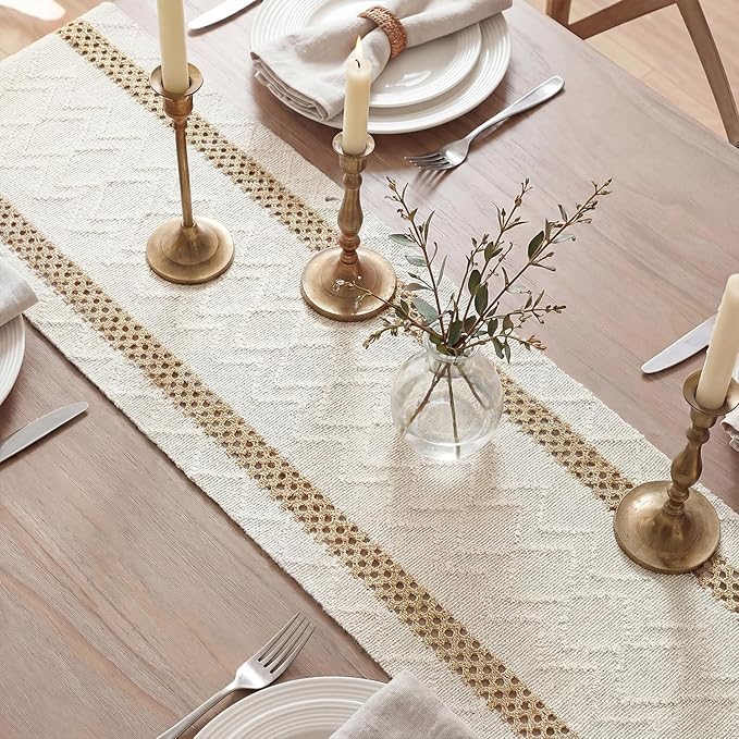 Artoid Mode Burlap Brown Stripe Woven Table Runner, Seasonal Holiday Hollow Kitchen Dining Table Decoration for Home Party Decor 12x72 Inch