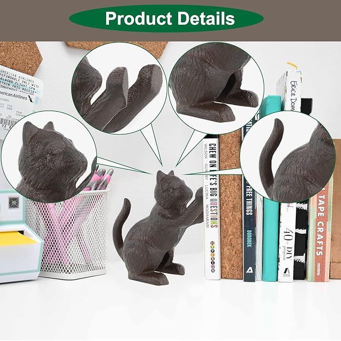 Cat Decorative Bookends, Unique Cast Iron Animal Shape Book Ends to Hold Books Heavy Duty, for Home Library Office Shelf Decoration, Vintage Antique Home Decor
