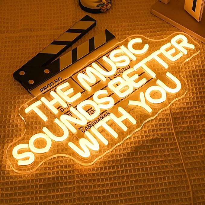 "The Music Sounds Better With You" Neon Sign for Wall Decor White Letter LED Sign for Bedroom Music Studio Record Shop Decoration