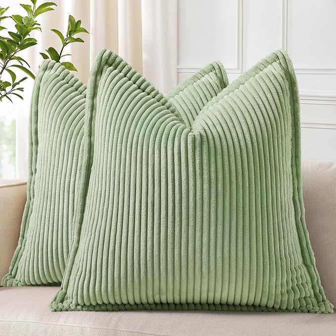 decorUhome Summer Corduroy Sage Green Euro Sham Throw Pillow Covers 24x24 Set of 2 Decorative Soft Boho Farmhouse Couch Pillow Covers for Living Room Bed Sofa Broadside Striped Pillow Cases
