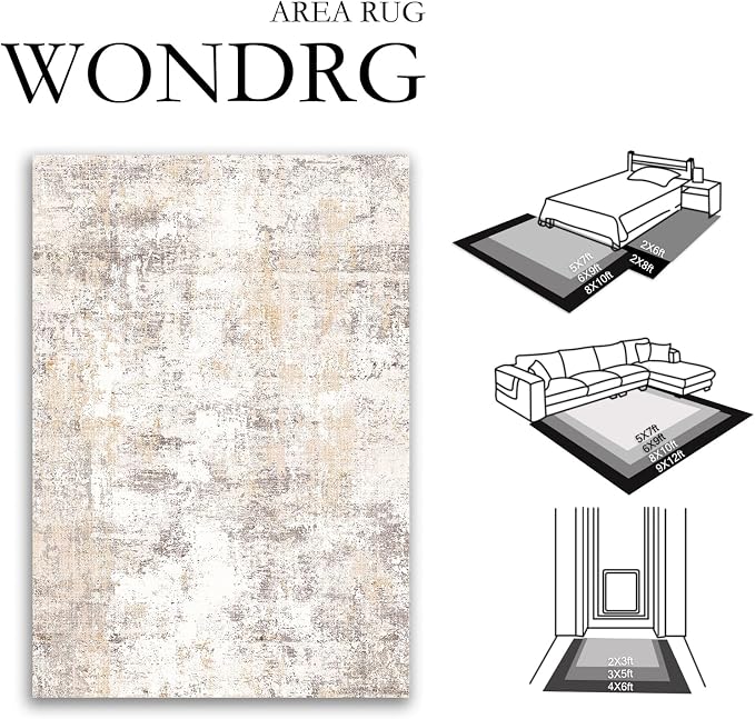 6x9 Washable Area Rug Beige Grey Abstract Non Slip Soft Medium Pile Rug for Living Room Bedroom Dining Room Office Neutral Modern Indoor Throw Carpet for Home Decor