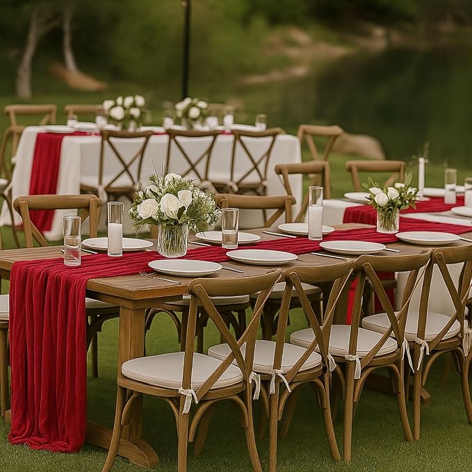 12 Pack Red Cheesecloth Table Runner Set – 10FT x 12pcs Gauze Boho Table Runners for Wedding Party Bridal Shower Baby Shower Dinner Holiday Rustic Decorations