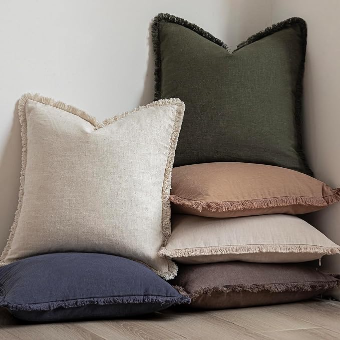Foindtower Set of 2 Decorative Linen Fringe Throw Pillow Covers Cozy Farmhouse Cushion Cover with Tassels Accent Pillowcase for Couch Chair Sofa Bed Living Room Home Decor,20×20 Inch,Dark Olive Green