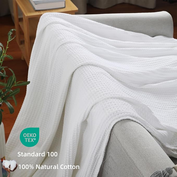 100% Cotton Waffle Blanket (White - Twin Size - 66 * 90''), Pre-Washed and Anti-Shrinkage Soft Lightweight Bed & Couch Blanket, 380 GSM Waffle Weave Throw Blanket for All Seasons