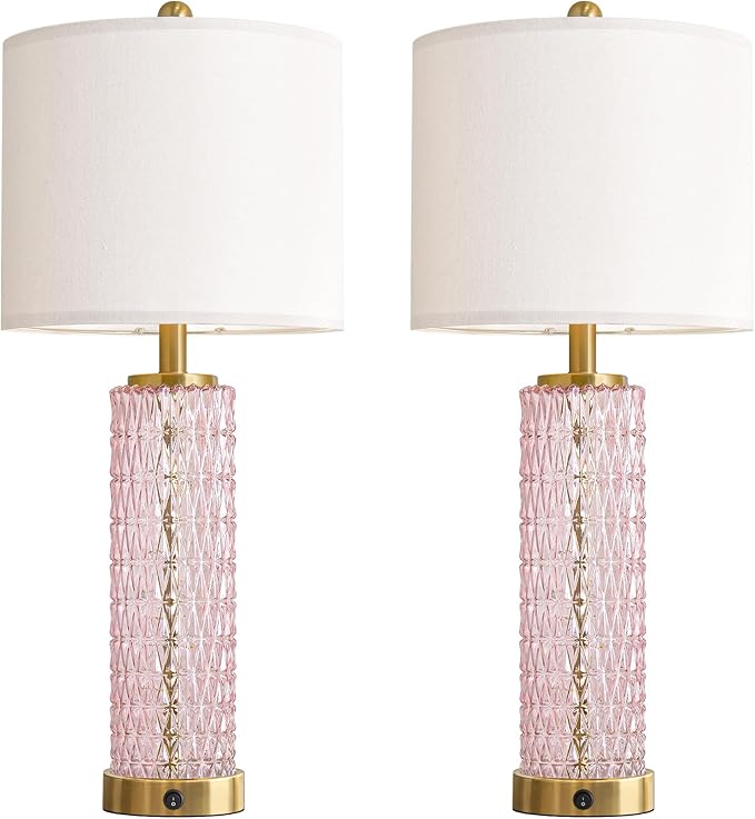 Oneach 27.75" Modern Table Lamps Set of 2, Pink Bedside Lamp with Class Nightlight, USB A+C, Unique Desk Lamps for Living Room, Bedroom, Nightstand, End Table (2 Bulbs Included)