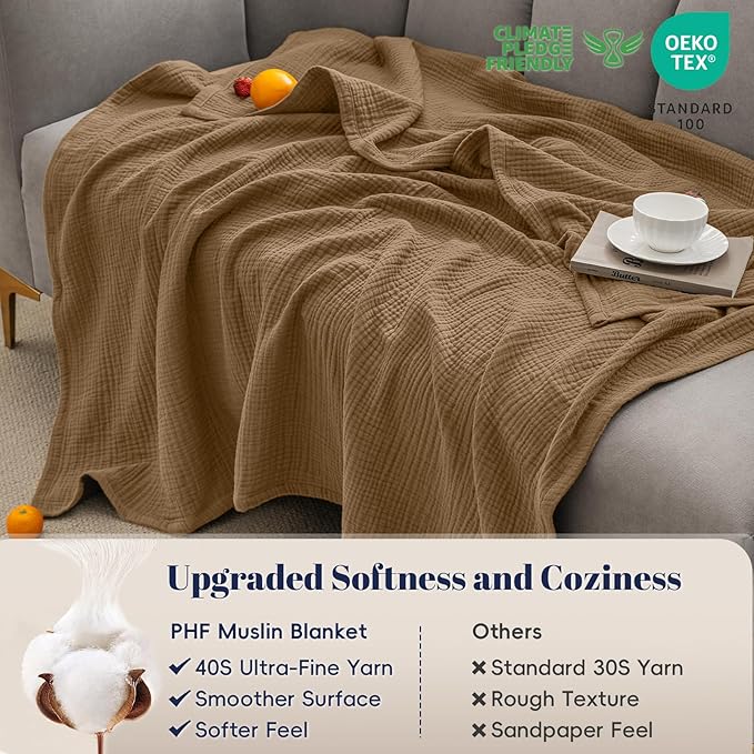 PHF 100% Cotton Muslin Throw XL Blanket Large 50" x 70", 4-Layer Lightweight Gauze Throw, Breathable Cloud-Soft Minimalist Blanket for Bed, Couch, Camping, Coco Brown, Ideal Gift