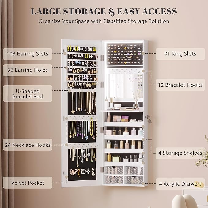 Vlsrka 47.2" LED Jewelry Mirror Cabinet, Wall/Door Mounted Jewelry Armoire Organizer with Full Length Mirror, Large Storage Hanging Cabinet, 4 Drawers, 5 Shelves (White)