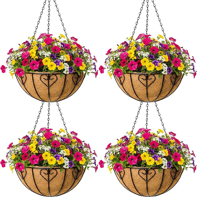 4pcs 14 inch Metal Hanging Baskets Round Wire Plant Stand with Coco Lining Cushion Decorative Planter Hanger Garden Indoor Outdoor Watering Hanging Basket （AX）