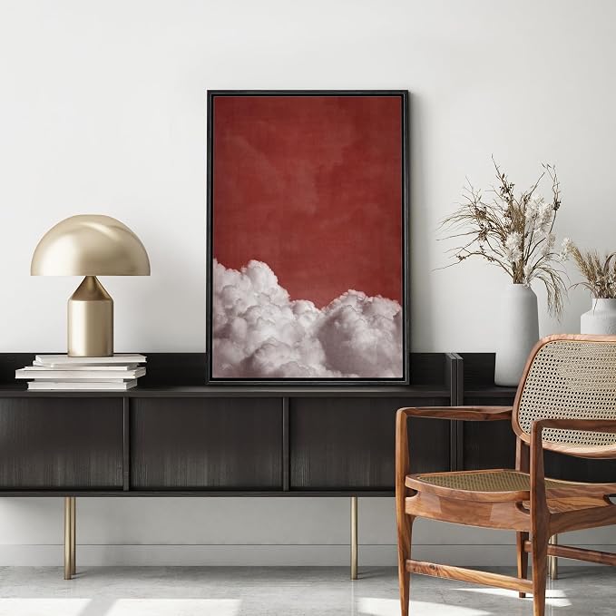 MUDECOR Framed Canvas Print Wall Art Dramatic Red Sky & White Clouds Modern Cloudscape Illustrations Digital Art Decorative Bohemian Contemporary for Bedroom - 24"x36" Black
