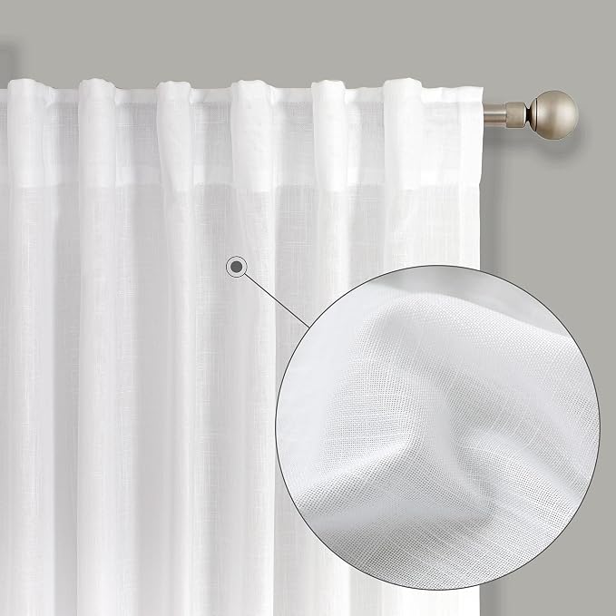 KOUFALL White Linen Sheer Curtains Drapes 96 Inches Long 2 Panels for Living Room 96 Inch Length Semi Light Filtering Curtains for Bedroom