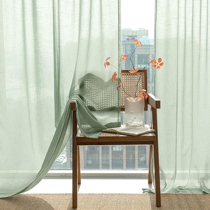 ANRODUO Sage Green Linen Curtains 96 inches Long 2 Panels for Bedroom Living Room Back Tab Semi Sheer Privacy Linen Burlap Drapes Pale Green Neutral Modern Long Curtains for Sliding Glass Door
