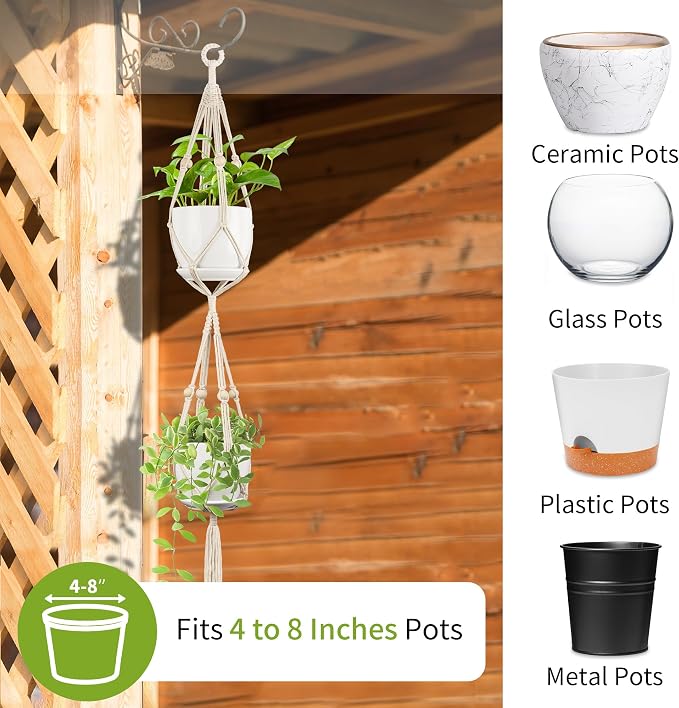 Macrame Plant Hanger - Fits 4-8 Inch Pots, 2 Tier+3 Tier Hanging Planter Holder for Indoor Outdoor, Cotton Rope with Tassels Boho Home Decor, 49+72 Inch, Set of 2, Ivory