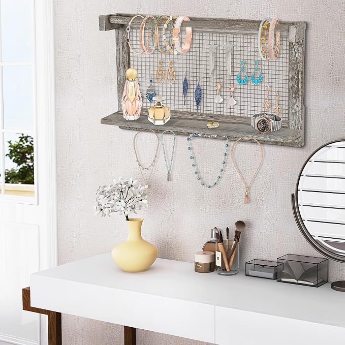 Jerry & Maggie Wall Mounted Jewelry Organizer, Wooden Necklace Holder Hanger with Hooks, Wall Jewelry Organizer Wall Mount for Necklace Display (3 Pack)