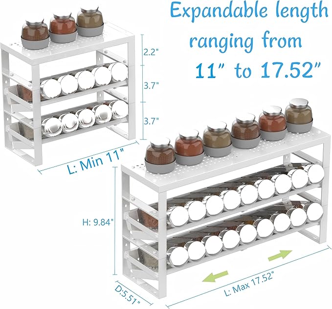 Jojocross Expandable, Stackable, Adjustable Spice Rack kitchen Organizer,Metal Pantry Storage Shelves - Multi-Tier Shelf for Cabinet, Countertop, Pantries, Cupboard or Wall Mount,White