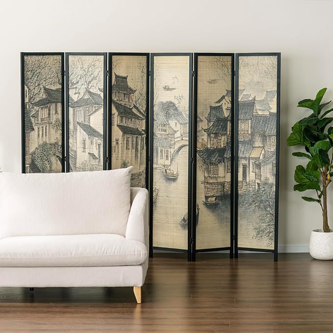 MyGift 6 Panel Room Divider Privacy Partition with Dual-Sided Vintage Asian Water Village Ink Brushed Print Design, 6FT Black Wood Framed Decorative Artwork Folding Screen 94.6''W x 68.9''H
