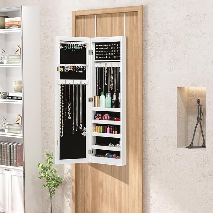 12 LEDs Jewelry Armoire Cabinet, Wall/Door Mounted Full-Length Mirror Jewelry Cabinet with Earring & Rings Slots Necklace Hooks, 5 Storage Shelves for Bedroom Makeups, White