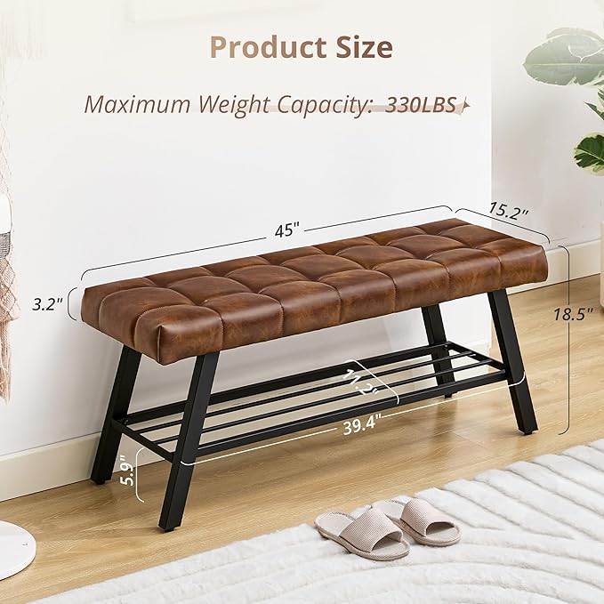 LUE BONA 45" Entryway Bench with Shoe Storage, End of Bed Bench with Tufted Faux Leather Seat, Bedroom Bench with Metal Frame, 330 LBS Capacity for Entryway, Living Room, Hallway, Brown