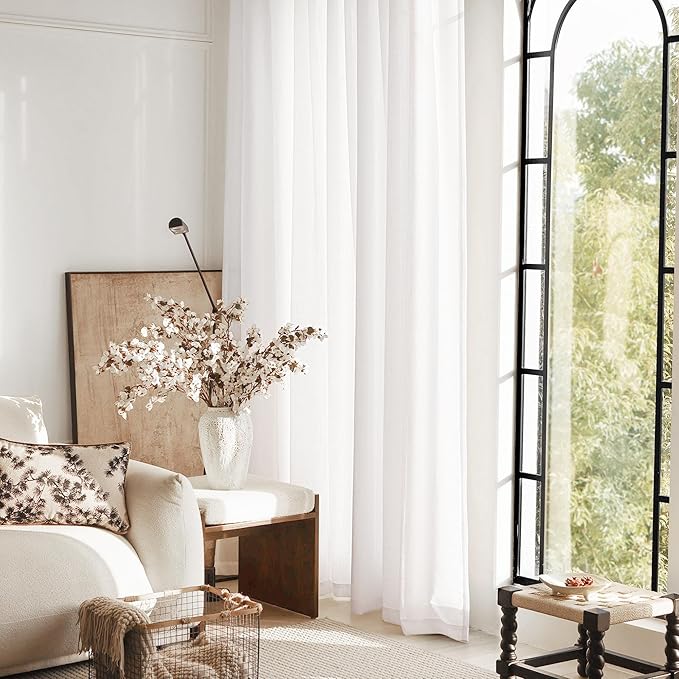 White Linen Curtains 45 inch Length 2 Panel Set for Living Room Back Tab Rod Pocket Semi Sheer Light Filtering Bedroom Window Curtain 45 inch Long Cotton Textured Modern Elegant Coastal Drapes