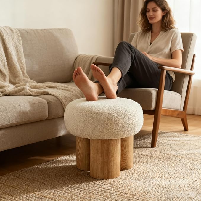 Round Foot Stool, Small Mushroom Ottoman Footstools Modern Pouf Boucle Ottoman, Teddy Foot Rest for Couch Sofa Comfy Floor Footrest Step Stool for Living Room,Bedroom,Desk,Office(Beige)