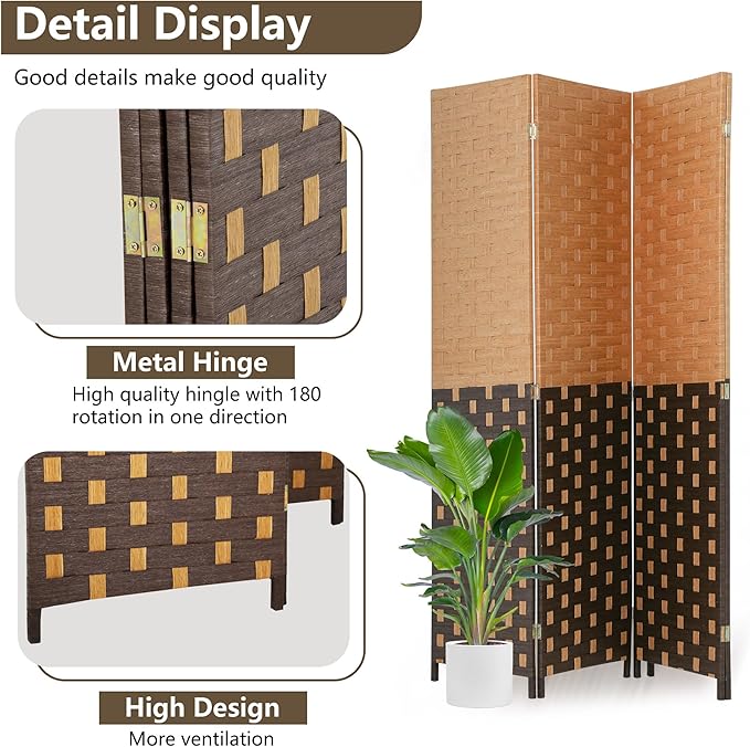 FDW Room Divider Wood Screen 4 Panel Folding Portable Partition Screens Wooden Mesh Woven Design Room Screen Divider for Home Office (Chocolate Brown)