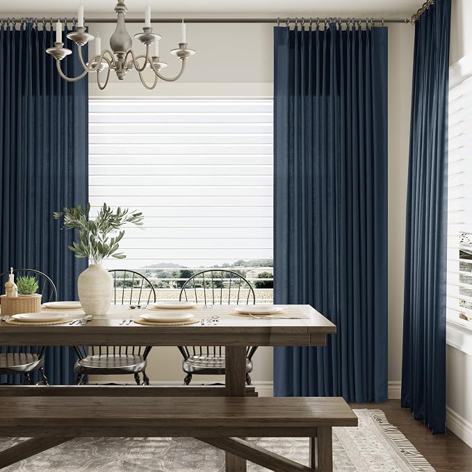 Aersas Denim Blue Pinch Pleated Linen Curtains 63 Inch Length 2 Panels for Living Room Bedroom Semi Sheer Window Curtain Boho Neutral Back Tab Pinch Pleat Drape with Hooks 40x63