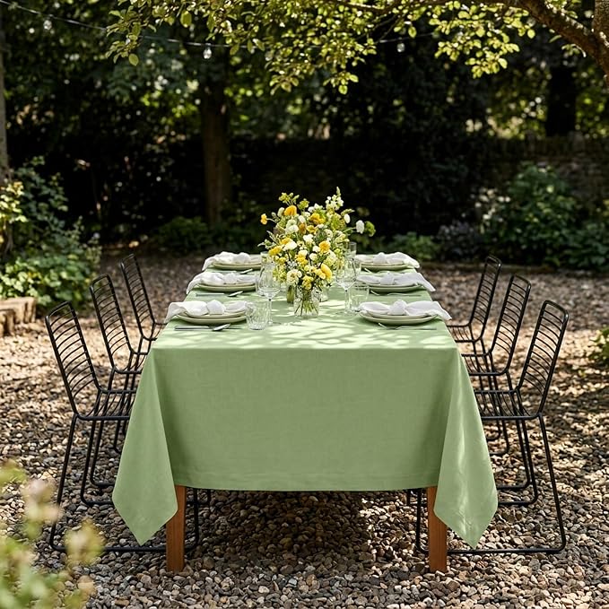 Solino Home Linen Tablecloth 60 x 90 Inch - 100% Pure Linen Laurel Green Table Cloth for Rectangle Tables - Fete, Machine Washable Tablecloth for Summer