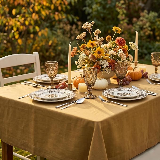 Solino Home Linen Tablecloth 52 x 52 Inch - 100% Pure Linen Caramel Square Tablecloth - Fete, Machine Washable Table Throw for Summer