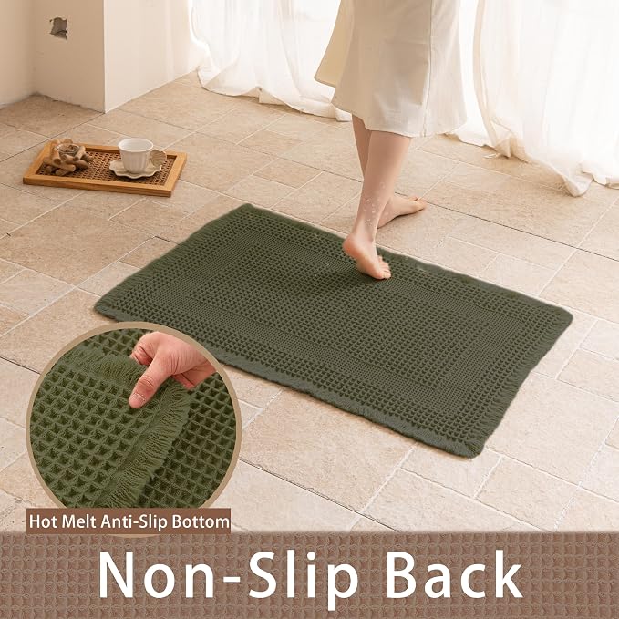 Waffle Bath Mat Non Slip, Boho Runner Rug, Super Absorbent Quick Dry Long Bath Runner Bathroom, Soft Farmhouse Bath Rug with Tassels, Washable Shower Mats for Floor 24"x48", Square Olive Green