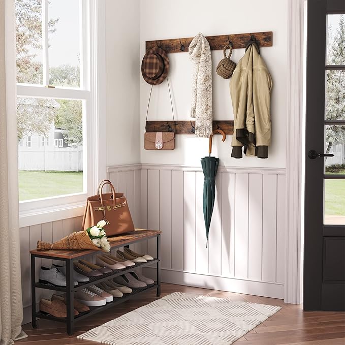 HOOBRO Hall Tree Entryway Storage Bench, Coat Rack Shoe Bench, Shoe Rack Organizer with Coat Hooks, 3-in-1 Design, Wooden Furniture with Metal Frame, Rustic Brown and Black BF171MT01
