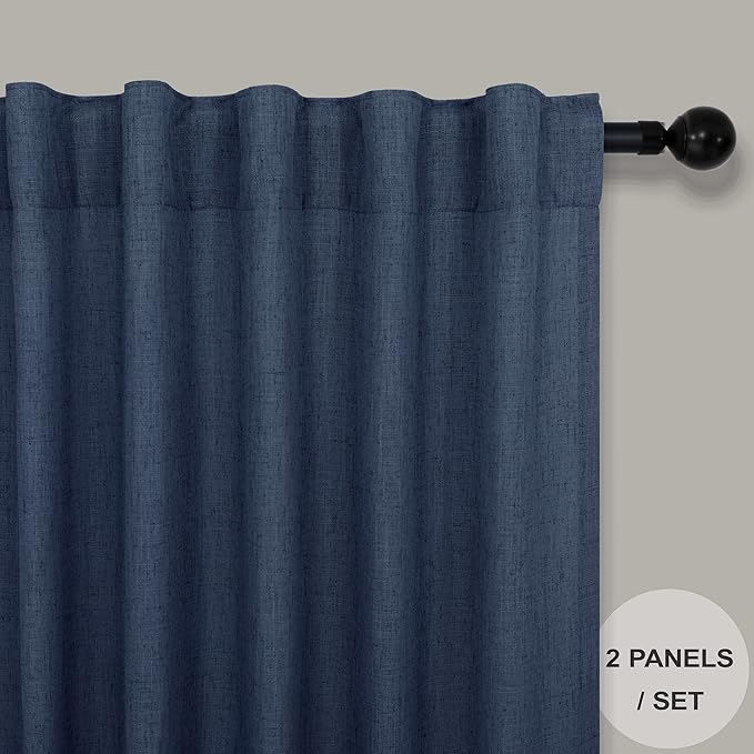 Navy Curtains 38 Inch Wide for Living Room 2 Panels Set Back Tab Rod Pocket Light Filtering Semi Sheer Linen Skinny Small Dark Blue Curtain for Windows Bedroom Closet Doors Nautical Width 38 x 96 Long