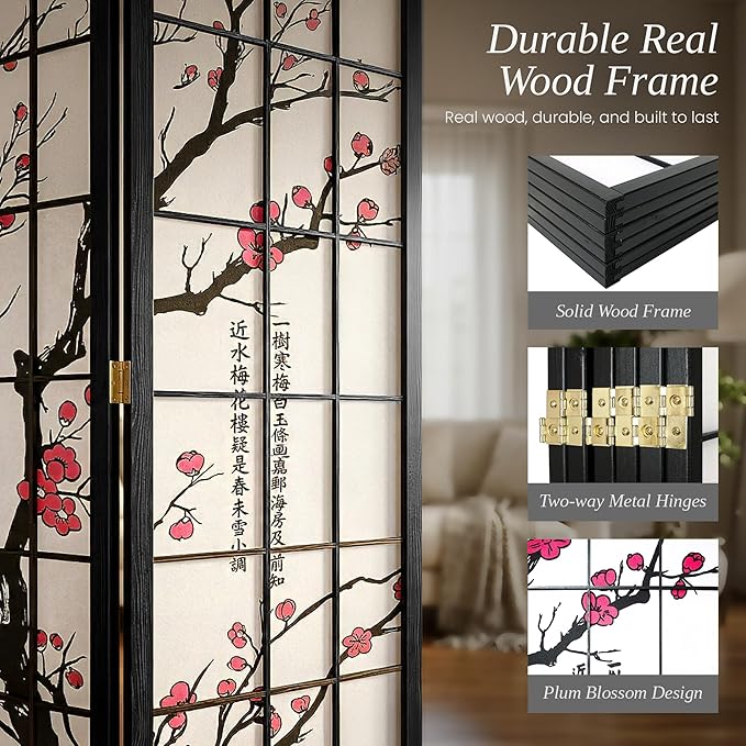 Legacy Decor 6-Panel Folding Room Divider Privacy Screen Plum Blossom Authentic Japanese Shoji Style Real Wood Grid Office & Studio – Black 71” Tall x 104” Wide