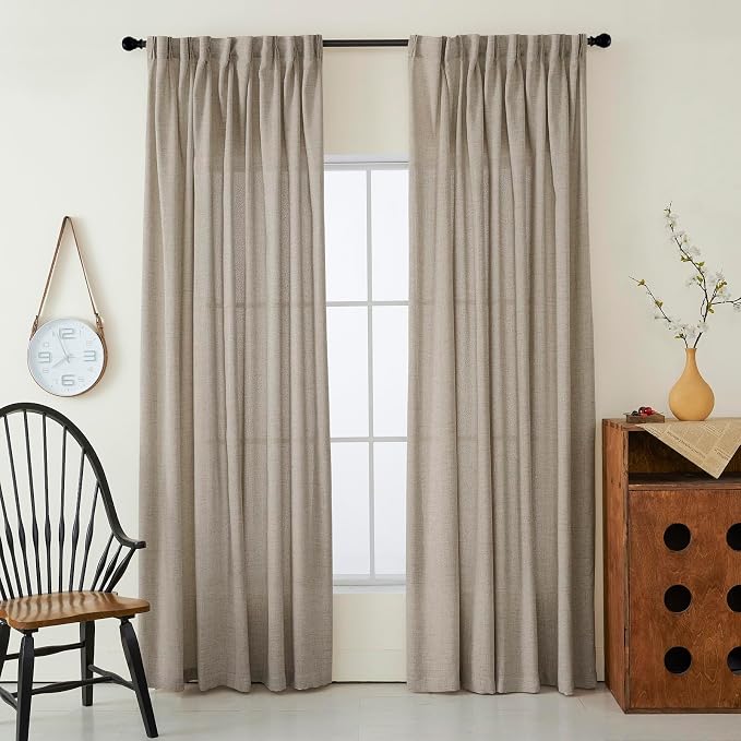Flax Linen 84 Inch Pinch Pleated Curtains 2 Panel Set for Living Room Thick Textured Drapes 84 Inches Long Pinch Pleat Drapes Semi Sheer Curtain for Dining Bedroom Office Grey Taupe