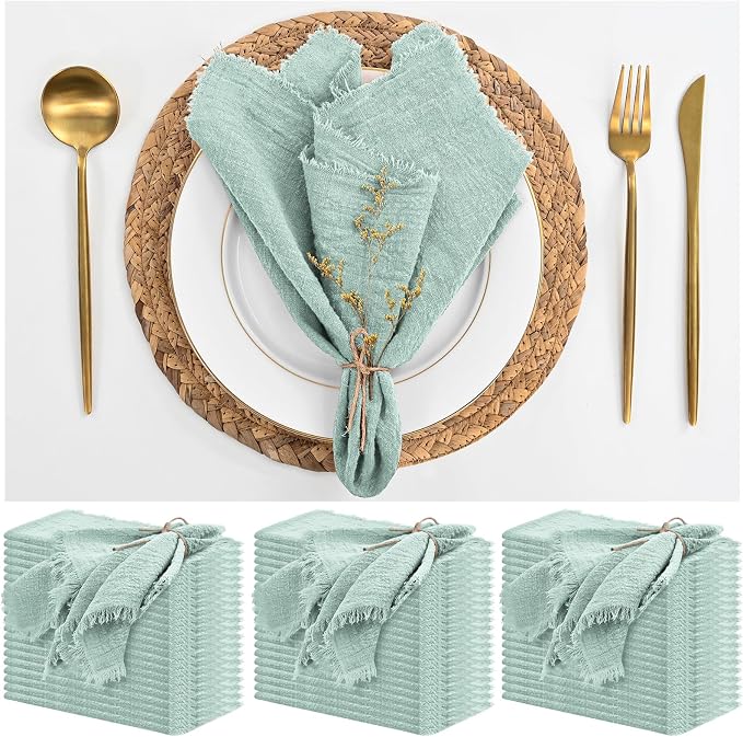 60 Pack Sage Green Napkins Cotton Linen Napkins 16 x 16 Inch Green Napkins Cloth Handmade with Fringe Soft Cloth Napkins Washable Rustic Dinner Napkins Cloth for Wedding Party Dinner Table