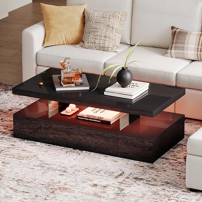 ChooChoo Modern LED Coffee Table, High Glossy Center Table with Drawer, Black Coffee Table with Storage for Living Room, Bedroom
