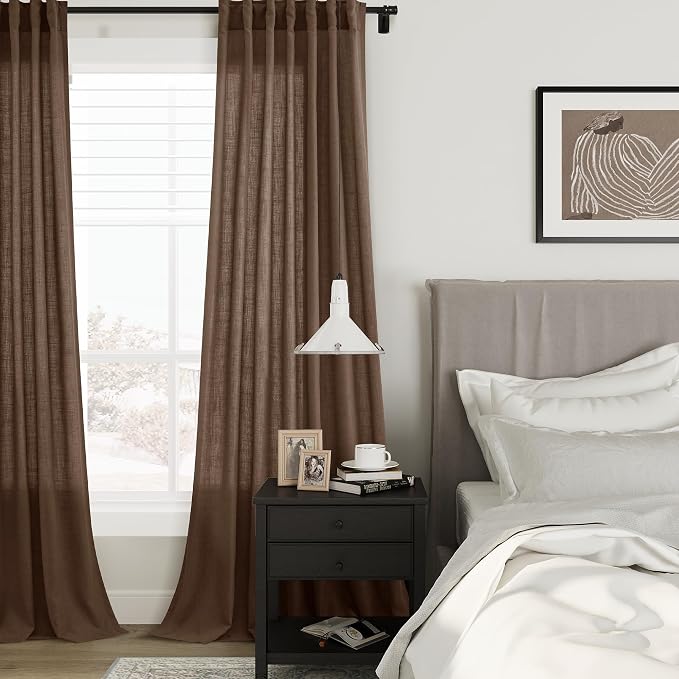 Joywell Caramel Brown Linen Curtains 120 Inches Length Light Filtering Neutral Farmhouse Boho Rod Pocket Back Tab Hook Belt Clip Rings Semi Sheer Window Drapes for Bedroom Living Room 52x120