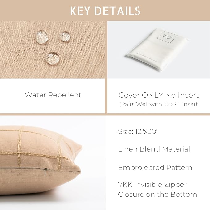 Crumbs Home Modern Farmhouse Fall Linen Indoor Outdoor Lumbar Pillow Cover Only, 12"x20" Water Repellent for Patio, Backyard, Couch, Ivory Cream Plaid
