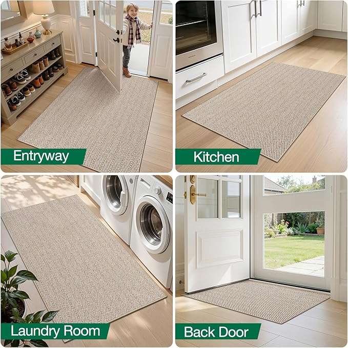 LUMI Ultra Thin Indoor Door Mat for Entrance 32"x48", Non Slip Entryway Mat, Low Profile Doormat, Unique Herringbone Design Carpet for Inside, Patio, Porch, Beige