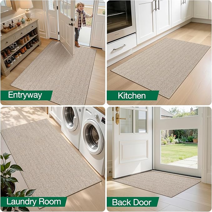 LUMI Ultra Thin Runner Rug for Hallway 2.7'x10', Non-Slip Entryway Rug with Rubber Backing, Unique Herringbone Design for Hallway, Entry, Kitchen, Patio, Beige
