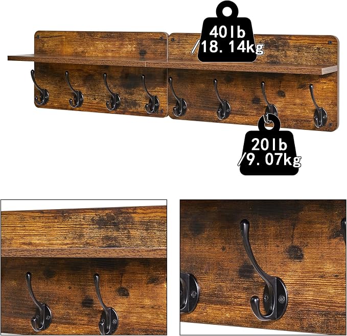 YMYNY Coat Rack Shelf Wall Mounted, Wooden Coat Hooks Set of 2, Entryway Coat Hanger with 8 Hooks,31.5''L Floating Shelves, Key Holder, for Kitchen, Bathroom, Living Room, Rustic Brown, UHWS006H-2