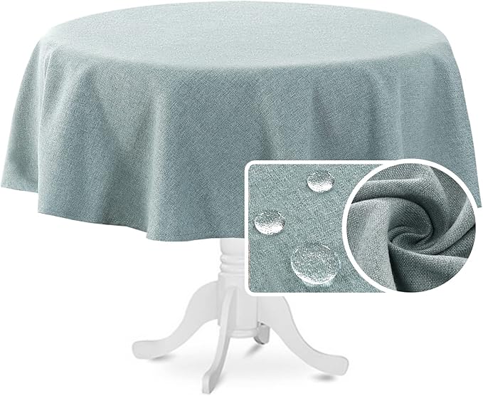 H.VERSAILTEX Linen Textured Tablecloth Round 70 inch Waterproof Decorative Table Cloth Spill-Proof Linen Look Cover for Party Table Extra Soft and Thick Fabric Wrinkle Free, Heather Aqua Gray