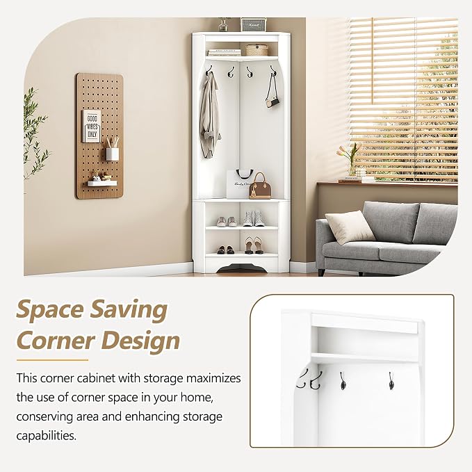 Harper & Bright Designs Minimalist Corner Hall Tree with Shoe Bench, Versatile Entryway Coat Rack with 4 Hooks, Corner Cabinet with Adjustable Shelf for Hallway, Living Room, White, 29.5''W*71.6''H