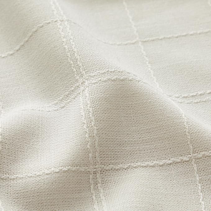 ZeeMart Linen Checked Table Cloth 60 Inches Round, Farmhouse Style Plaid Embroidered Off White Water Resistant Table Cover, Ivory