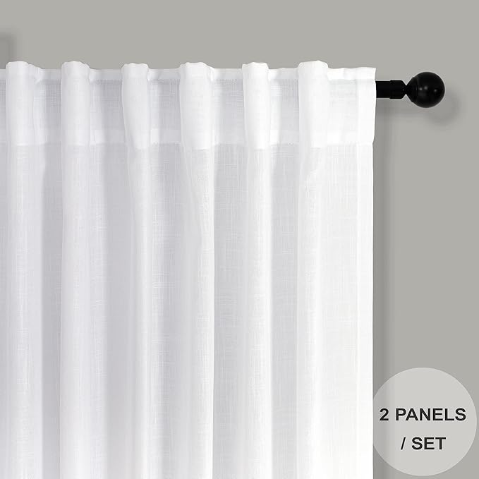 Pitalk White Back Tab Linen Curtains 94 Inches Long 2 Panel Set for Living Room Light Filtering Cotton Textured Linen Sheer Drapes Curtain for Patio Door Doorway Playroom Bay Window 52 x 94 Length