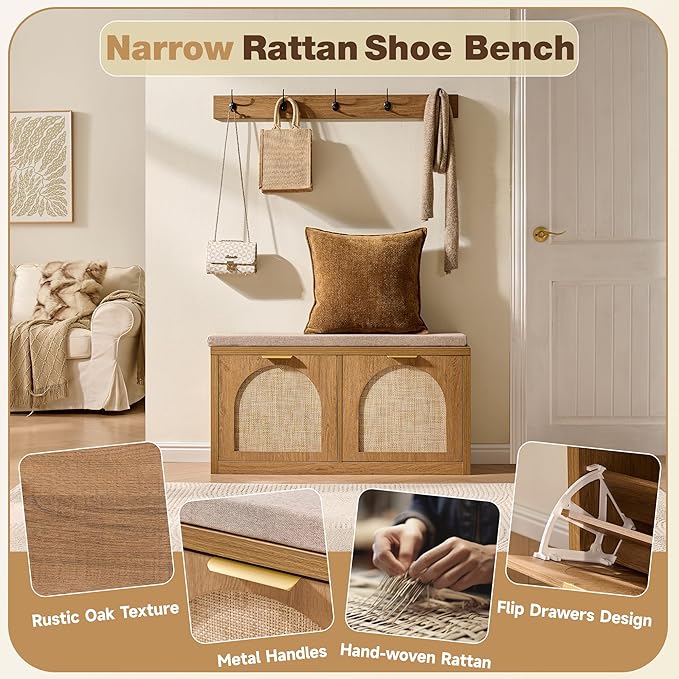Rattan Narrow Entryway Bench with Shoe Storage, 2 Flip Drawers & Coat Rack, Mid-Century Modern Wood Shoe Cabinet with Seat Cushion for Foyer/Hallway (Rustic Oak Rattan)